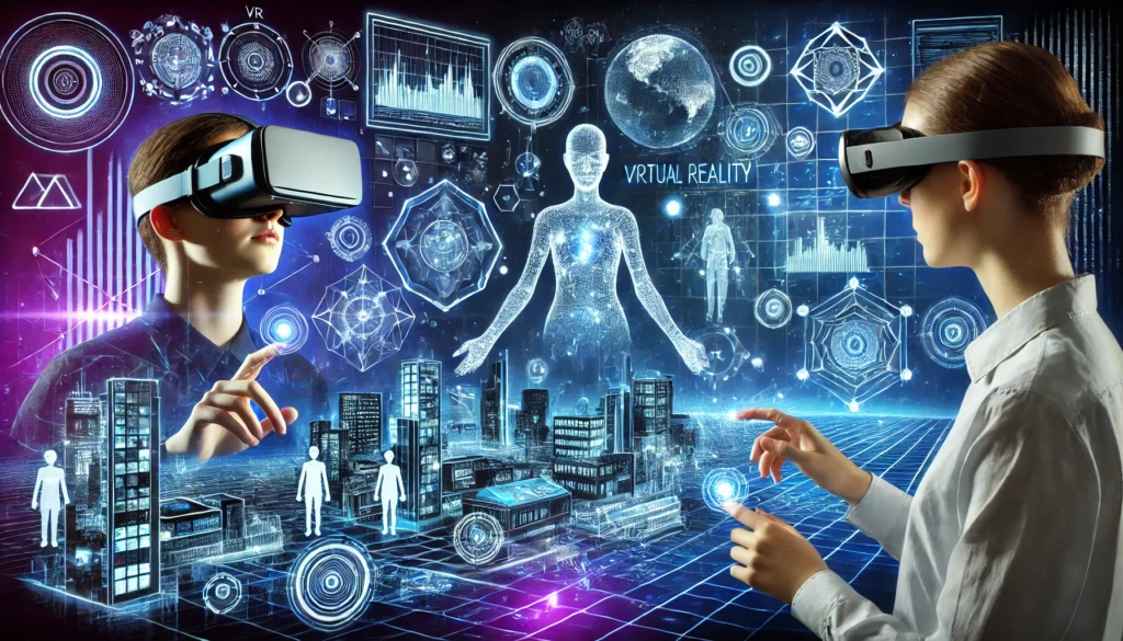 Two people wearing VR headsets interact with a futuristic virtual reality environment, featuring holographic cityscapes, digital human figures, and high-tech data interfaces.